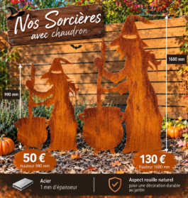 Sorcières en acier rouillé avec chaudron